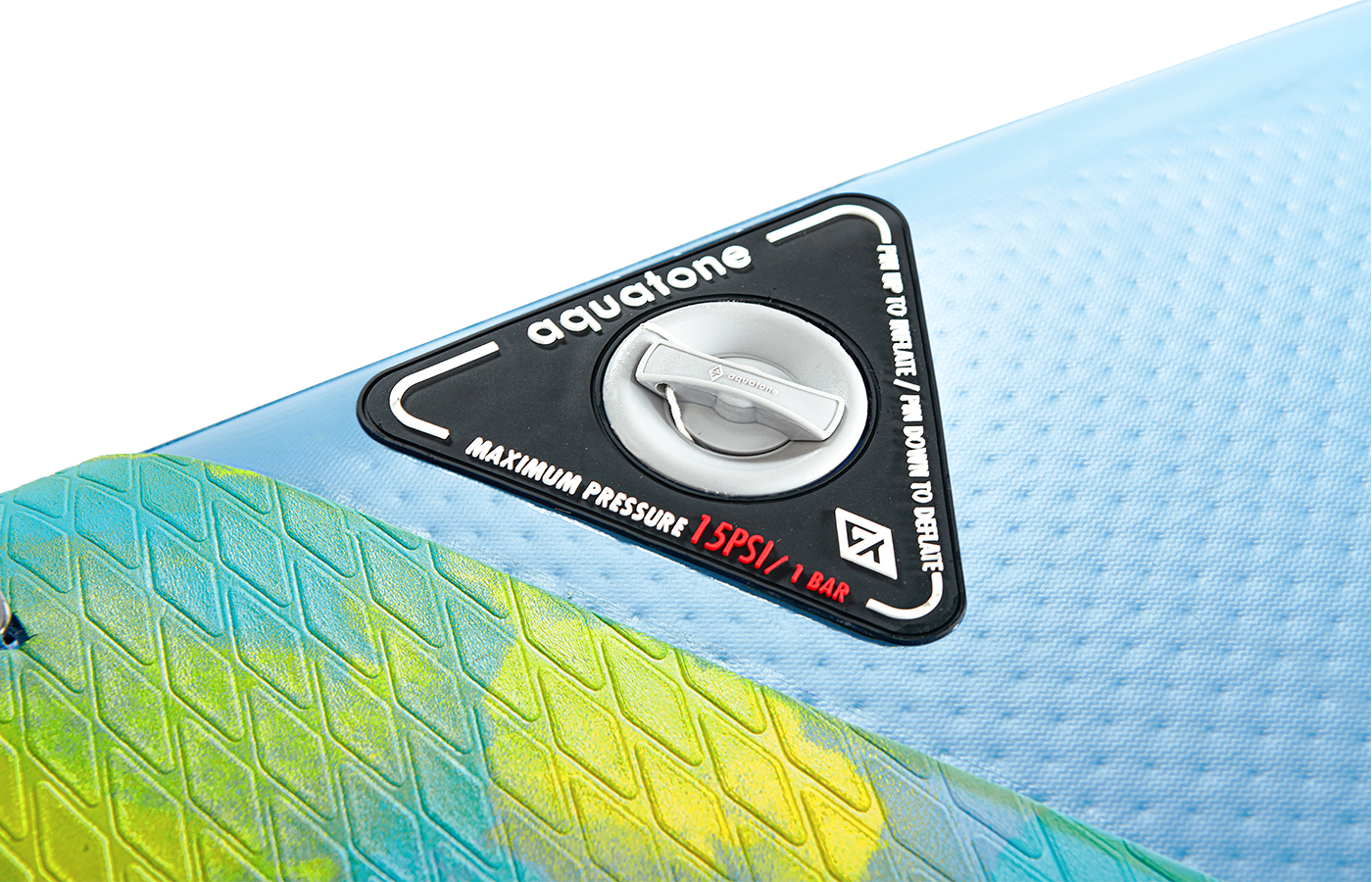 CUSTOMIZED FOR AQUATONE AIR SUP, THE HIGH-PRESSURE AIR VALVE TECHNOLOGY APPLIES TO ENSURE THE BOARD MAXIMUM STIFFNESS AND RIDERS' SAFETY. IMPORTANT: THE MAXIMUM AIR PRESSURE OF THIS BOARD IS 15PSI. ANY HIGHER PRESSURE COULD OVERINFLATE AND DAMAGE THE BOARD.