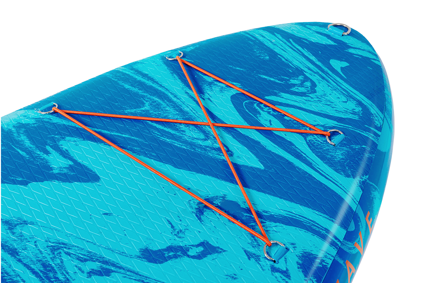 THE INTEGRATED D-RING CONNECTORS WITH ADJUSTABLE BUNGEE CORDS LOCATED IN THE TAIL OF THE TRACTION PAD FOR EASY ACCESS AND GEAR STORAGE AND GIVES MORE SPACES FOR PADDLING.