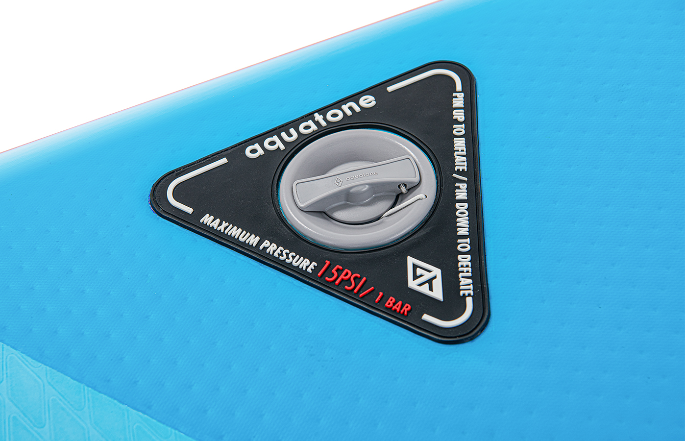 CUSTOMIZED FOR AQUATONE AIR SUP, THE HIGH-PRESSURE AIR VALVE TECHNOLOGY APPLIES TO ENSURE THE BOARD MAXIMUM STIFFNESS AND RIDERS' SAFETY. IMPORTANT: THE MAXIMUM AIR PRESSURE OF THIS BOARD IS 15PSI. ANY HIGHER PRESSURE COULD OVERINFLATING AND DAMAGE.