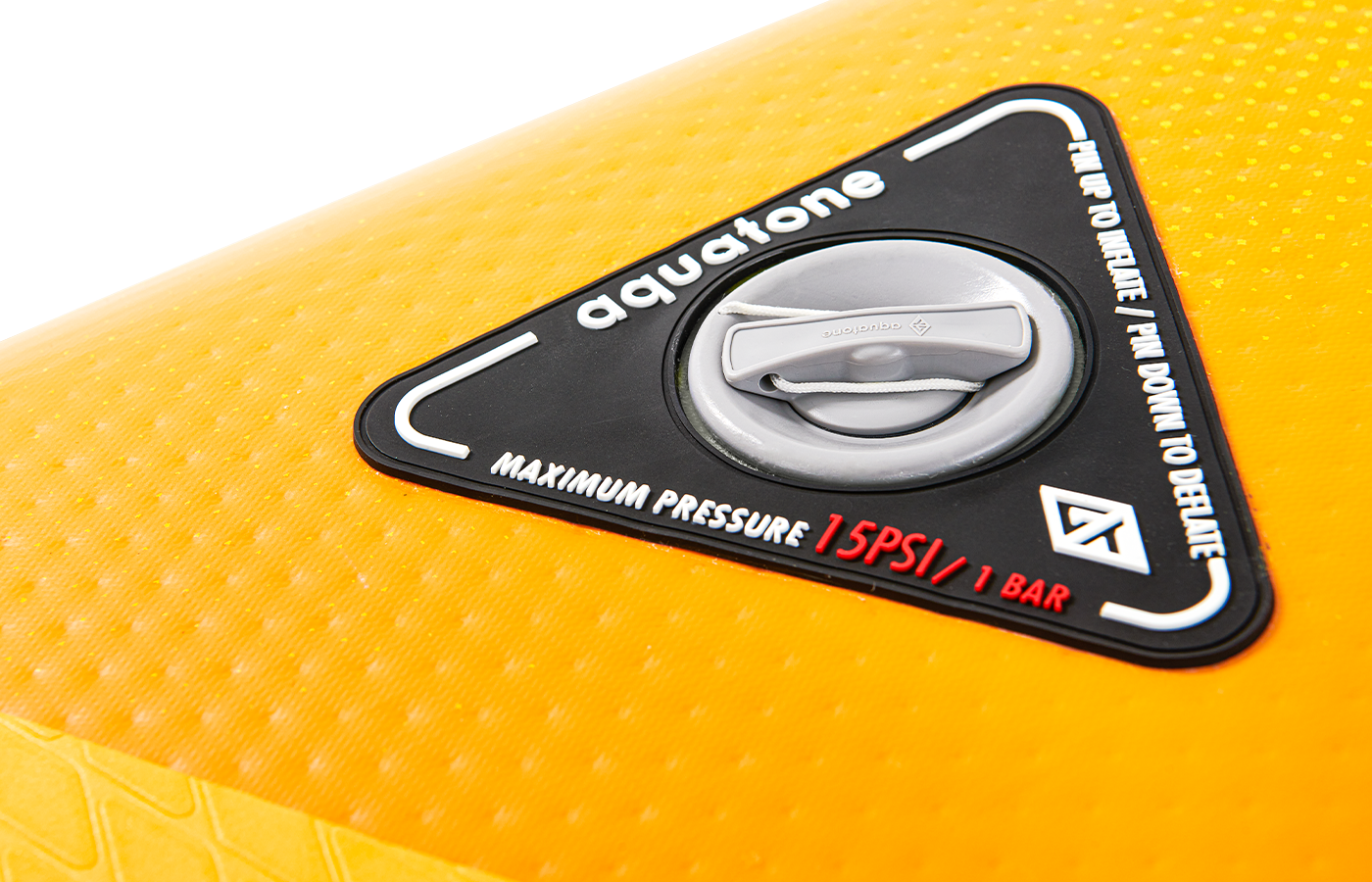 CUSTOMIZED FOR AQUATONE AIR SUP, THE HIGH-PRESSURE AIR VALVE TECHNOLOGY APPLIES TO ENSURE THE BOARD MAXIMUM STIFFNESS AND RIDERS' SAFETY. IMPORTANT: THE MAXIMUM AIR PRESSURE OF THIS BOARD IS 15PSI. ANY HIGHER PRESSURE COULD OVERINFLATING AND DAMAGE.