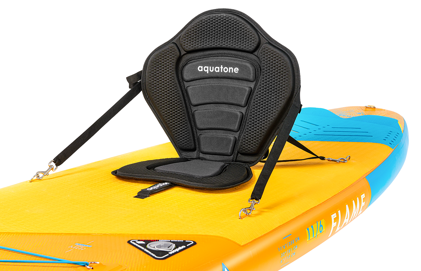 2+4+1 D-RINGS DESIGN APPLIES ON THE FLAME COLLECTION. THE TWO EXTRA D-RING CONNECTORS ON THE MIDDLE OF DECK CAN BE EASILY TRANSFORMED INTO KAYAK ATTACHMENT. (*KAYAK SEAT IS OPTIONAL)