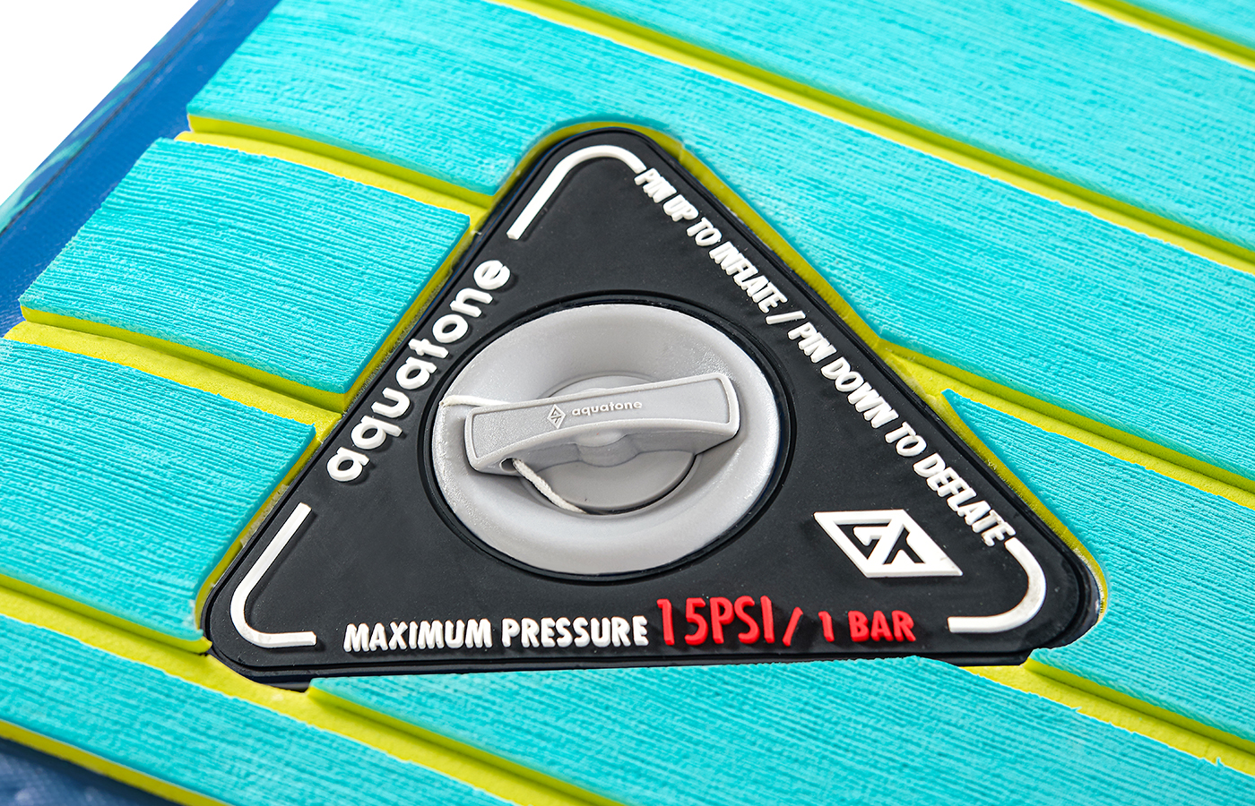 CUSTOMIZED FOR AQUATONE INFLATABLE PRODUCTS, THE HIGH-PRESSURE AIR VALVE TECHNOLOGY APPLIES TO ENSURE THE BOARD MAXIMUM STIFFNESS AND RIDERS' SAFETY. IMPORTANT: THE MAXIMUM AIR PRESSURE OF THIS BOARD IS UP TO 15PSI. READ YOUR INSTRUCTION MANUAL TO AVOID OVER INFLATION.